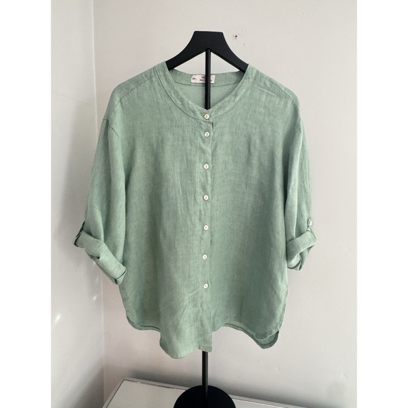 Full Stone Linen Shirt 2XL Green Button Front Italy Made Relaxed Coastal Casual - Picture 2 of 7